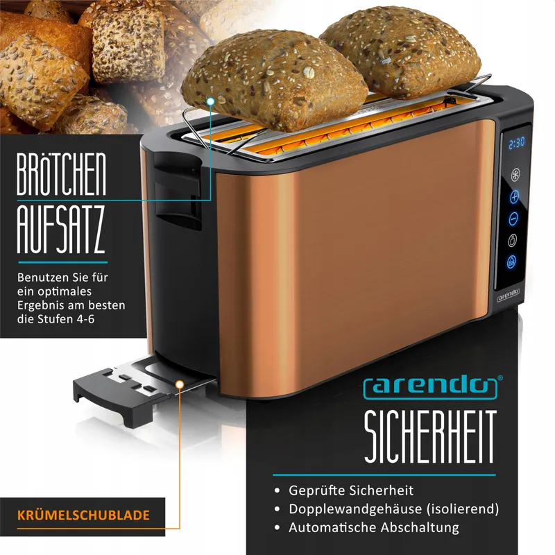 ARENDO Broodrooster Staal Lange Sleuf 4 Sneden Touchscreen Koper — foto 3
