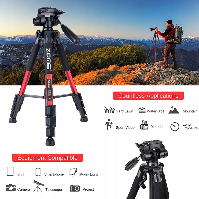 ZOMEI Q111 Aluminium Statief 47-140cm Camera Telefoon Rood — foto 2