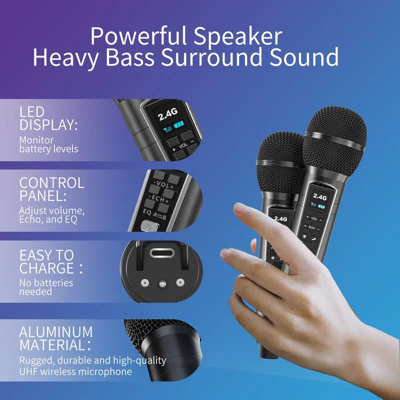 Draagbare Karaoke Machine Bluetooth Speaker 2 Microfoons — foto 4