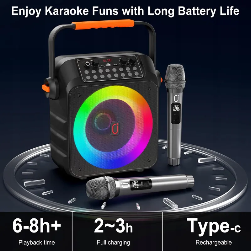 HWWR Karaokeset 2 Draadloze Microfoons RGB Licht Partybox — foto 7