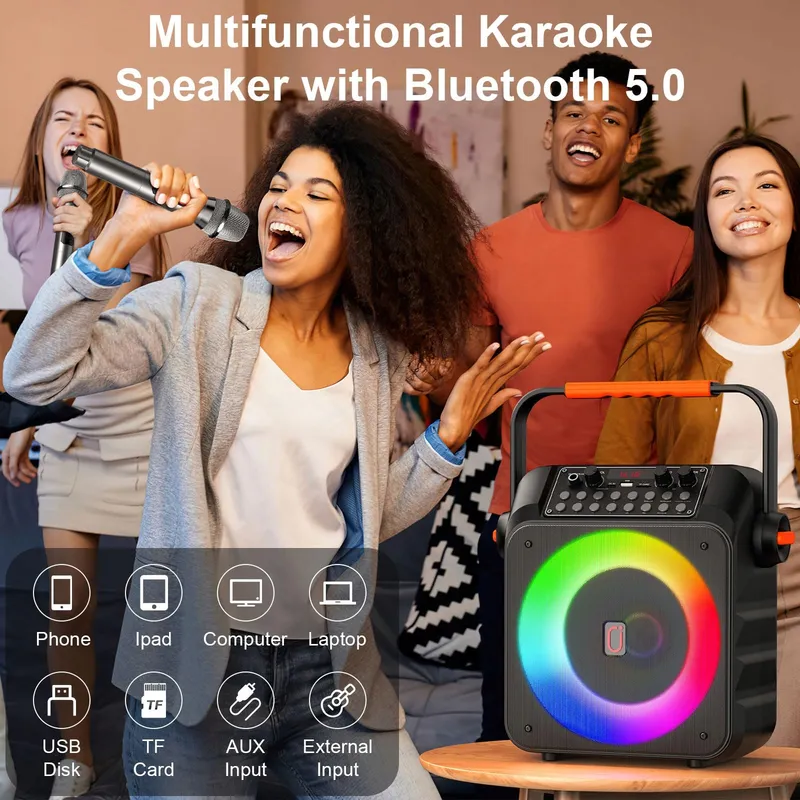 HWWR Karaokeset 2 Draadloze Microfoons RGB Licht Partybox — foto 3