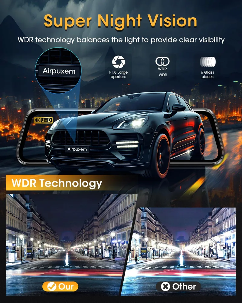 AIRPUXEM 4K Spiegel Dashcam 10" IPS WiFi Voor Achter 64GB SD — foto 5