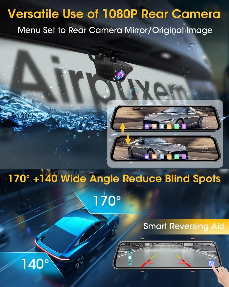 AIRPUXEM 4K Spiegel Dashcam 10" IPS WiFi Voor Achter 64GB SD — foto 6
