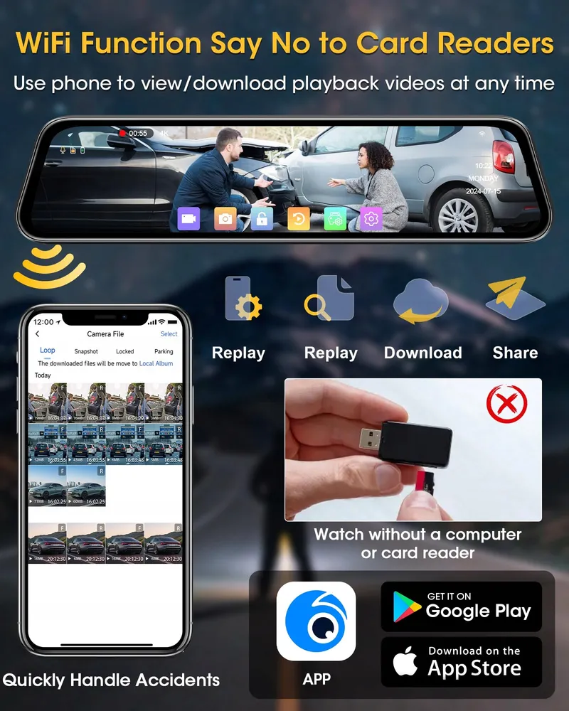 AIRPUXEM 4K Spiegel Dashcam 10" IPS WiFi Voor Achter 64GB SD — foto 3