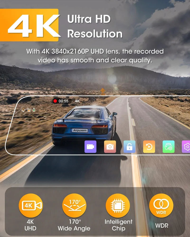 AIRPUXEM 4K Spiegel Dashcam 10" IPS WiFi Voor Achter 64GB SD — foto 2