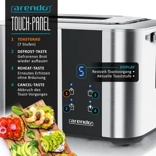 ARENDO RVS Broodrooster Lange Sleuf Touchscreen Zilver — miniatuur 3