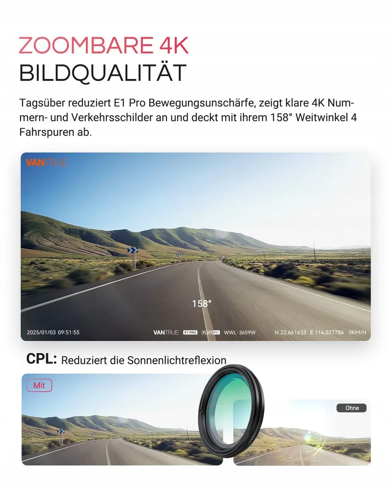 VANTRUE E1 Pro Dashcam 4K HDR GPS WiFi Nachtzicht 160° — foto 4