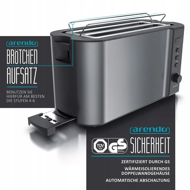 ARENDO RVS Broodrooster 4 Sneden Lange Sleuf Defrost 1500W Grijs — foto 2