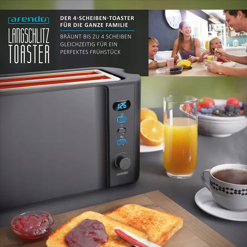 ARENDO RVS Broodrooster 4 Sneden Lange Sleuf Defrost 1500W Grijs — foto 6