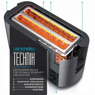 ARENDO RVS Broodrooster 4 Sneden Lange Sleuf Defrost 1500W Grijs — miniatuur 5