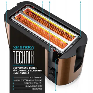 ARENDO Broodrooster Lange Sleuf 4 Sneden Ontdooien 1500W Koper — miniatuur 3