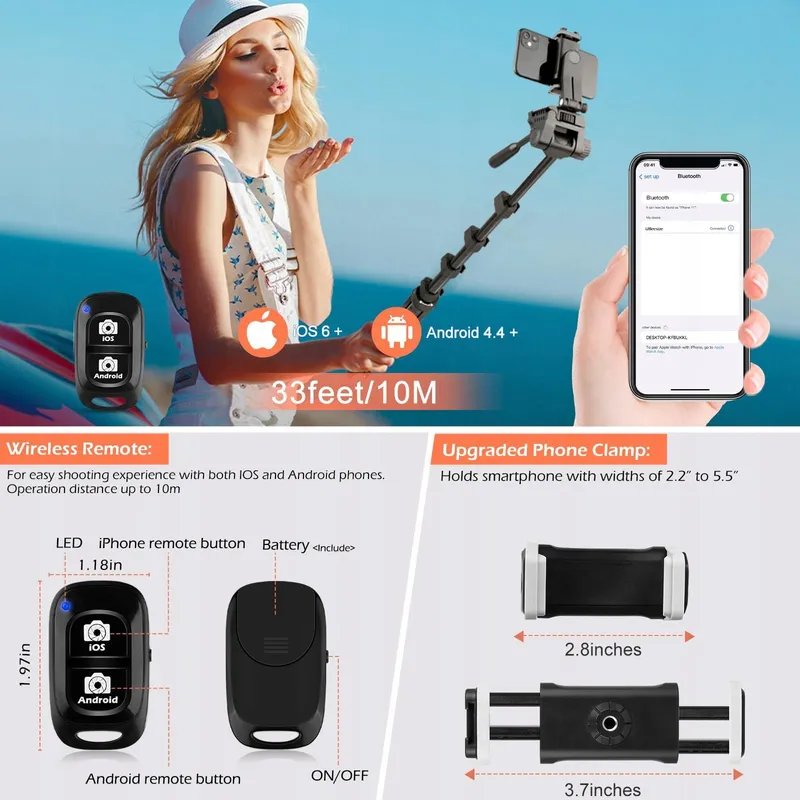 AUREDAY Statief 170cm Selfiestick met Afstandsbediening Telefoon Camera β foto 4