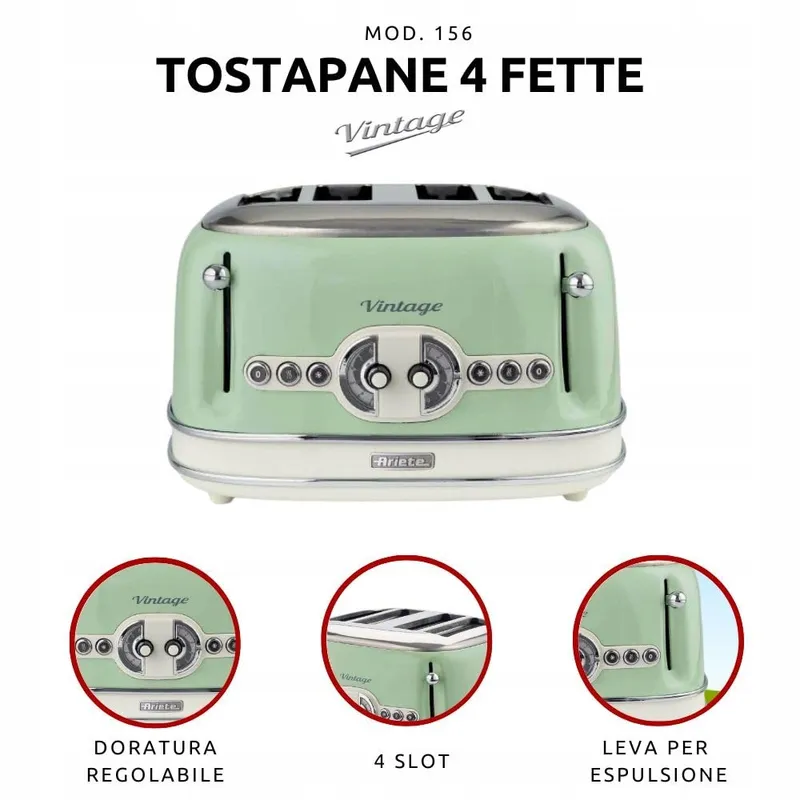 ARIETE Vintage 156 Broodrooster Retro 4 Sneden 1600W Groen — foto 2