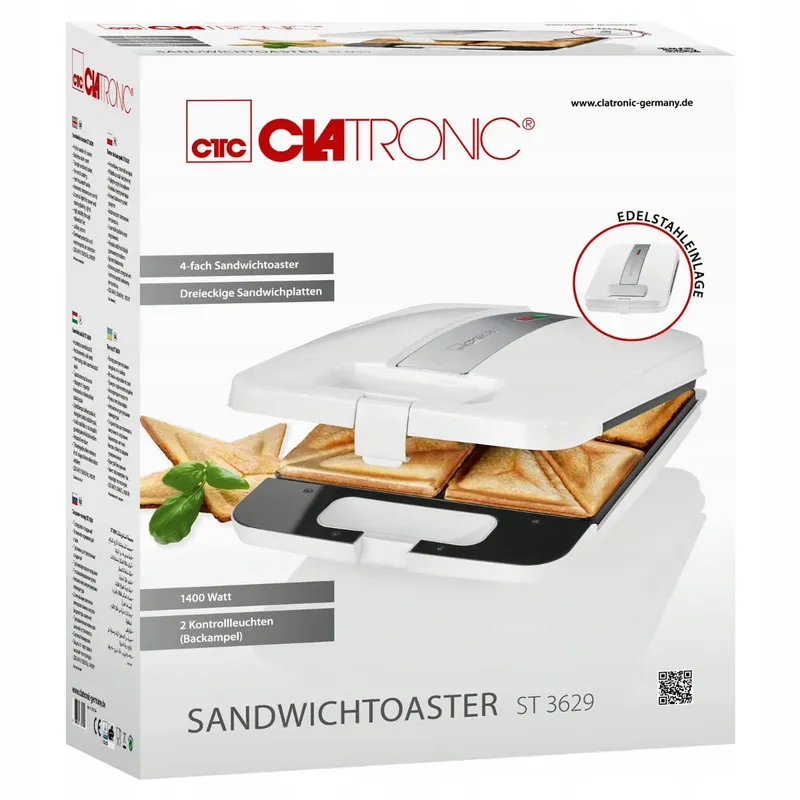 CLATRONIC ST 3629 Sandwichmaker 4 Sneden Driehoekig 1200W Wit — foto 7