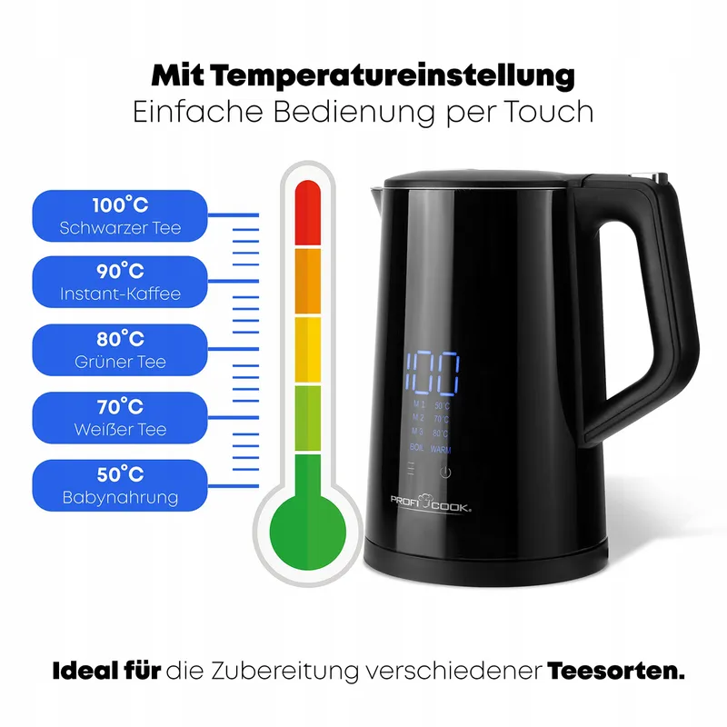PROFICOOK Waterkoker 1,7L Temperatuurregeling 50-100°C BPA-vrij — foto 2