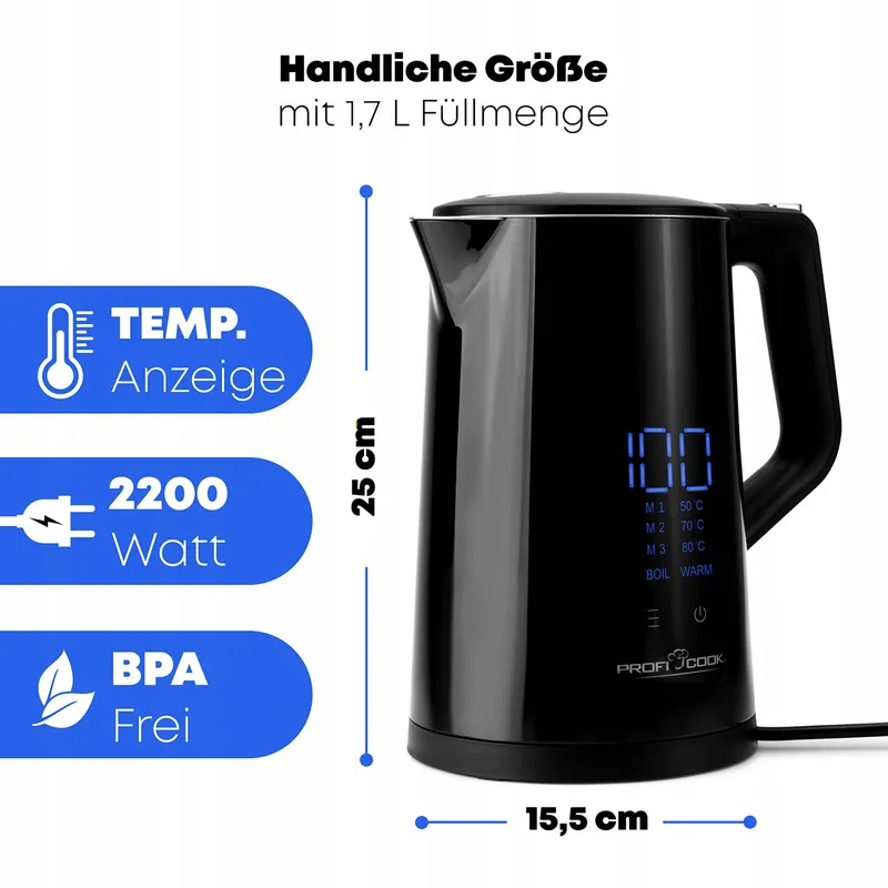 PROFICOOK Waterkoker 1,7L Temperatuurregeling 50-100°C BPA-vrij — foto 4