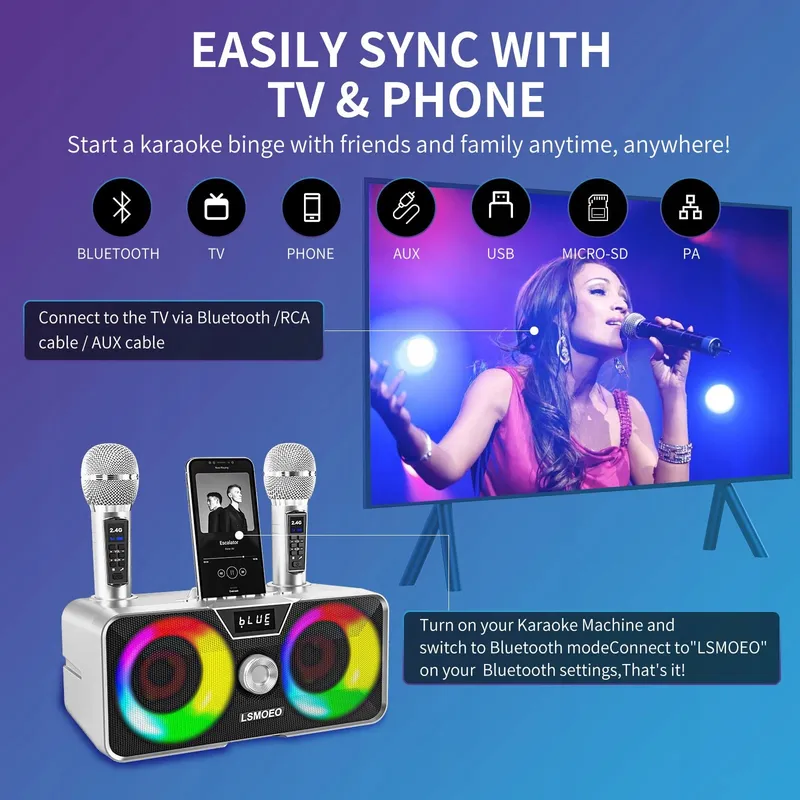 Karaoke Machine 20W Bluetooth Speaker met Draadloze Microfoons — foto 2