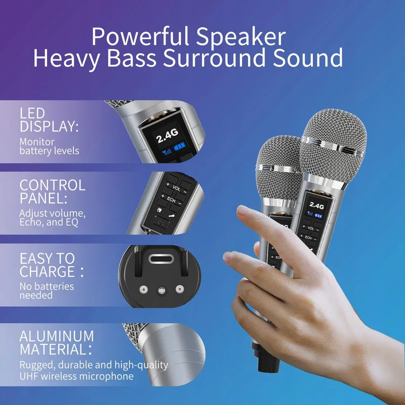 Karaoke Machine 20W Bluetooth Speaker met Draadloze Microfoons — foto 4