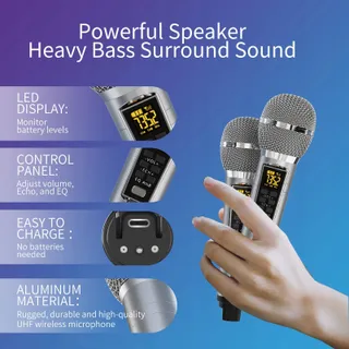Karaoke Machine 20W Bluetooth Speaker met Draadloze Microfoons — miniatuur 3