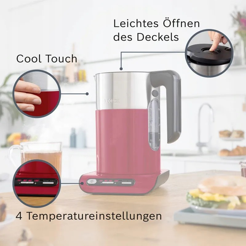 BOSCH Styline TWK8614P Waterkoker 1,5L 2400W Temperatuurkeuze Rood — foto 2