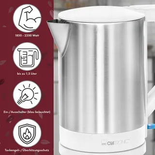 CLATRONIC Waterkoker 1,5L 2200W Automatische Uitschakeling Wit Inox — miniatuur 2