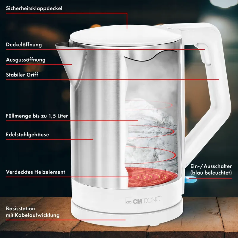 CLATRONIC Waterkoker 1,5L 2200W Automatische Uitschakeling Wit Inox — foto 5