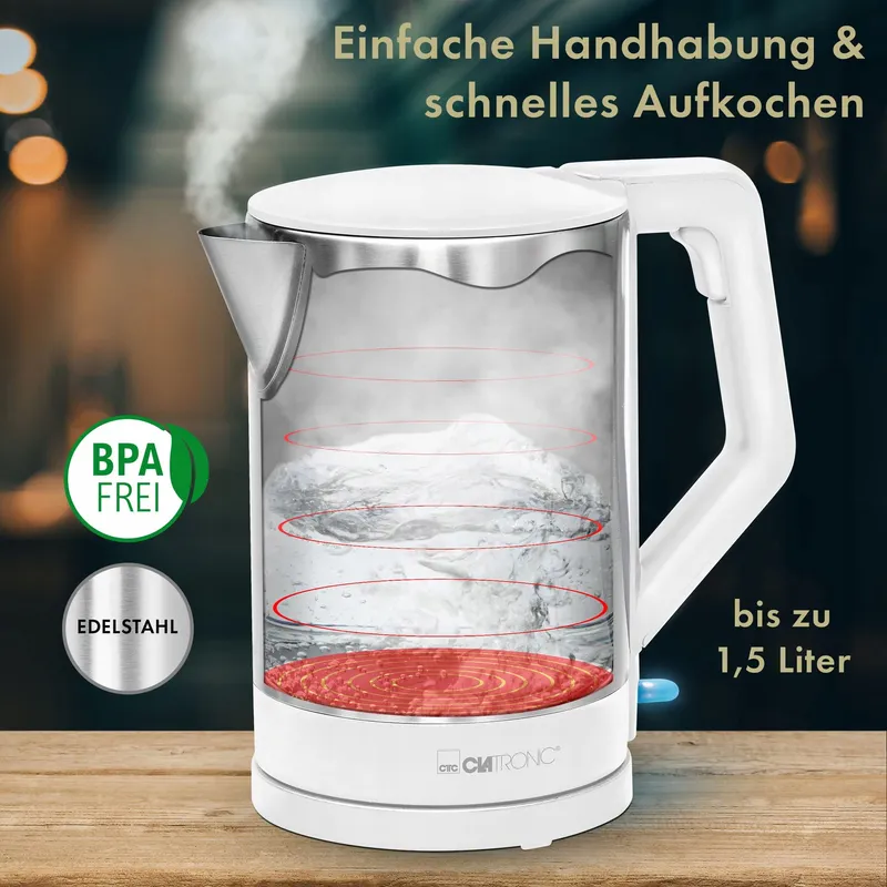 CLATRONIC Waterkoker 1,5L 2200W Automatische Uitschakeling Wit Inox — foto 3