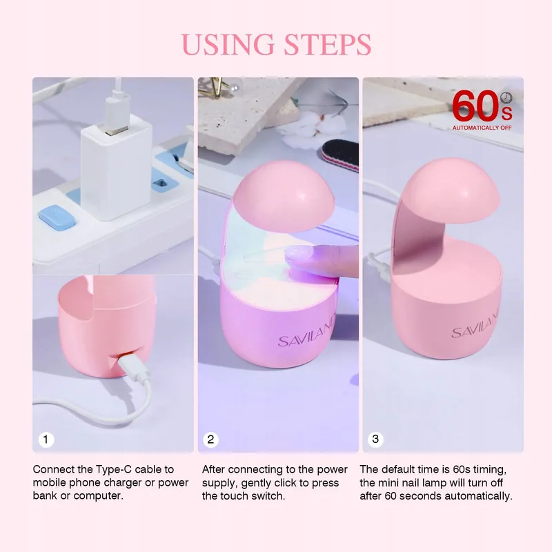 SAVILAND Mini UV Nagellamp Draagbaar Snel Drogend Roze — foto 6