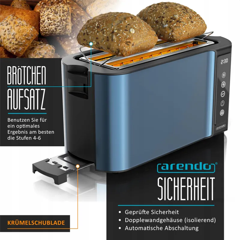 ARENDO Broodrooster RVS Lang 4 Sneetjes Touchscreen Blauw — foto 3