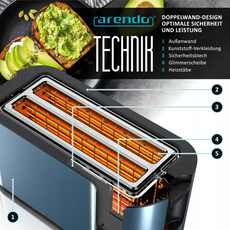 ARENDO Broodrooster RVS Lang 4 Sneetjes Touchscreen Blauw — foto 5