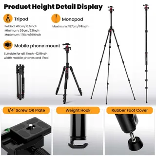 MACTREM Aluminium Statief 187cm Lichtgewicht Camera En Telefoon — miniatuur 2