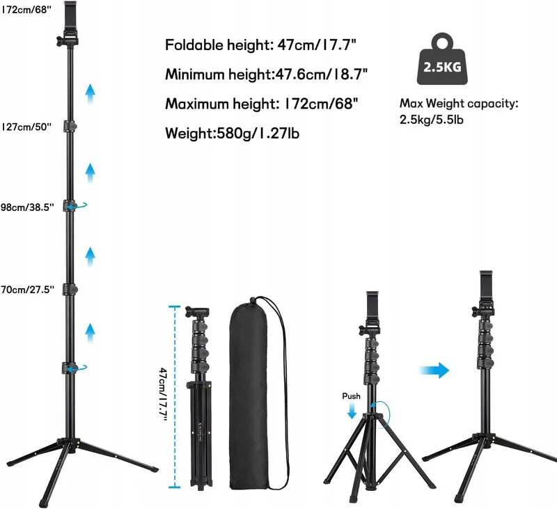 VICTIV Statief 172cm voor Smartphone iPhone Samsung Huawei Xiaomi Canon — foto 1