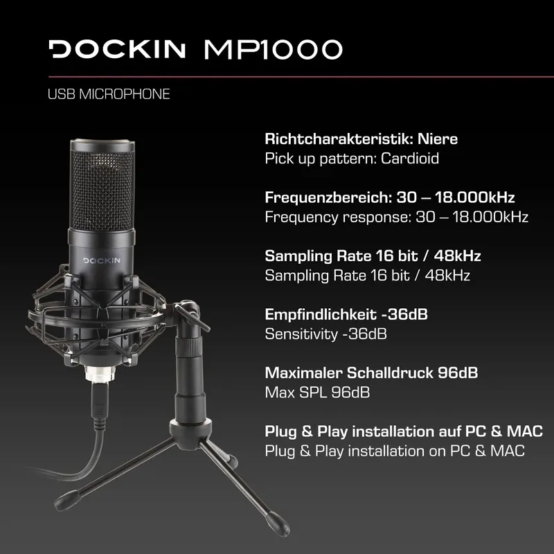 DOCKIN MP1000 USB Microfoon PC Mac Streaming Statief — foto 3