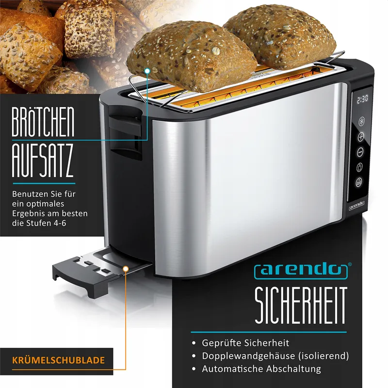 ARENDO Broodrooster Staal 4 Sneden Touchscreen 1500W 7 Standen — foto 4