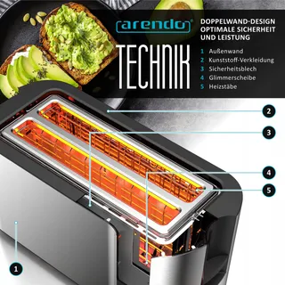 ARENDO Broodrooster Staal 4 Sneden Touchscreen 1500W 7 Standen — miniatuur 5