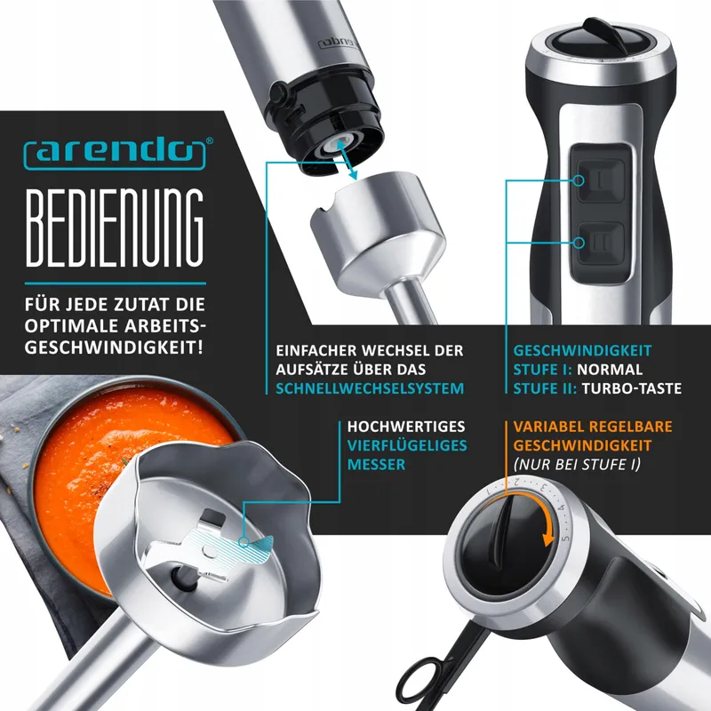 ARENDO Staafmixer 1000W RVS Traploze Snelheidsregeling Turbo — foto 4