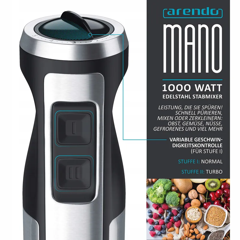 ARENDO Staafmixer 1000W RVS Traploze Snelheidsregeling Turbo — foto 3