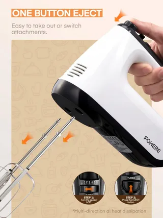 FOHERE Handmixer 400W 6 Snelheden Turbo Stil Wit Staal — miniatuur 7