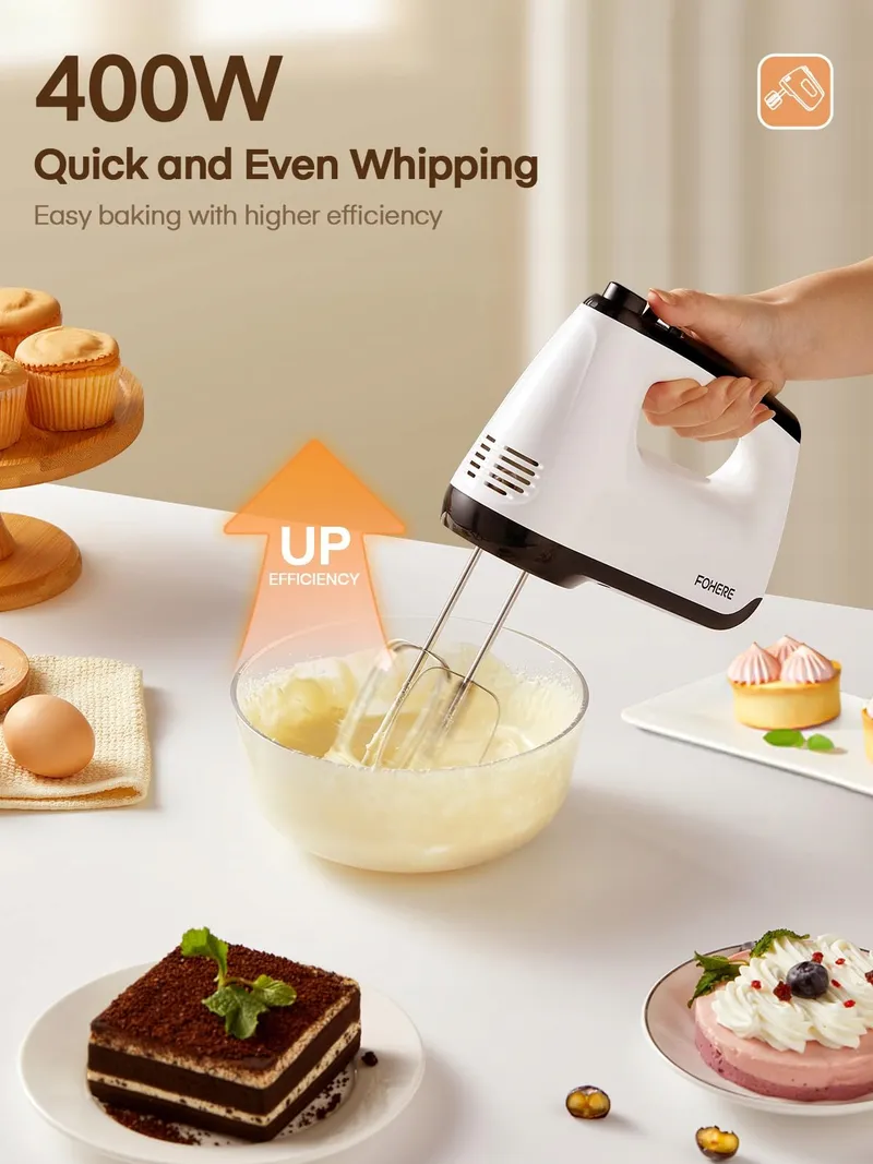FOHERE Handmixer 400W 6 Snelheden Turbo Stil Wit Staal — foto 3