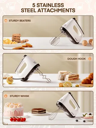 FOHERE Handmixer 400W 6 Snelheden Turbo Stil Wit Staal — miniatuur 4