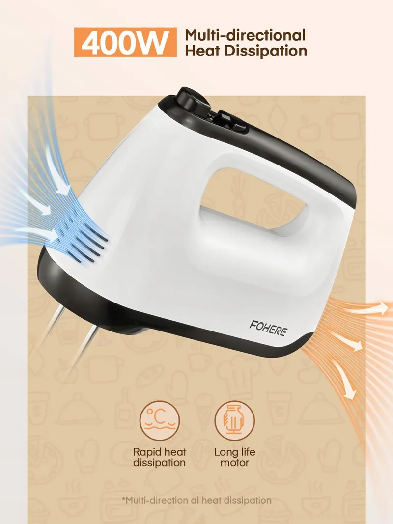 FOHERE Handmixer 400W 6 Snelheden Turbo Stil Wit Staal — foto 5