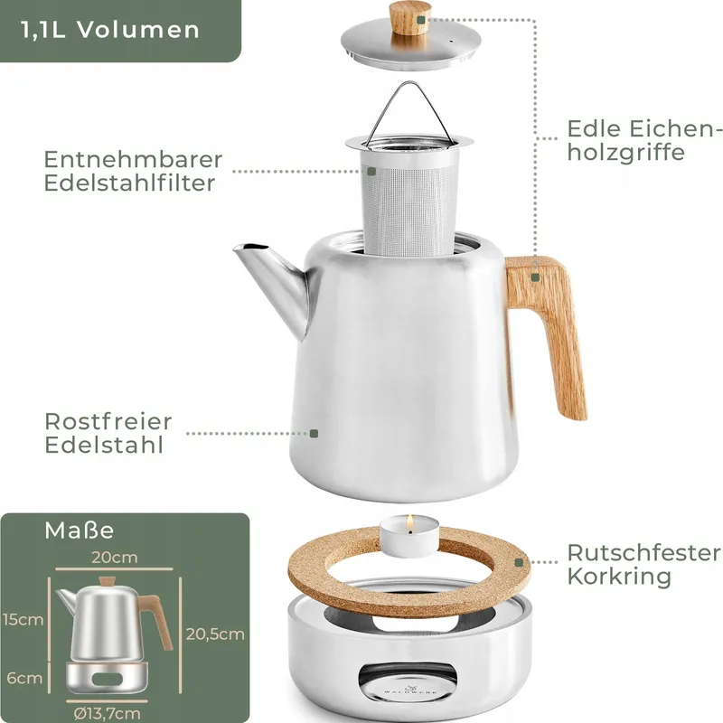 WALDWERK Theepot met Warmhouder 1,1L Roestvrij Staal 304 — foto 7