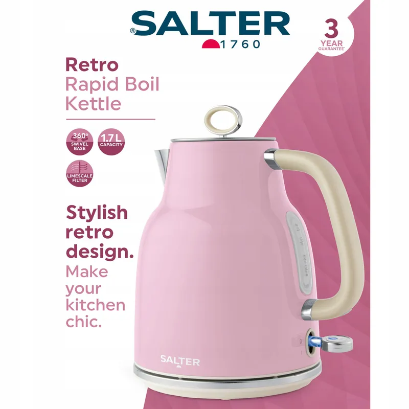 SALTER Retro Waterkoker 1,7L 3kW 360° Basis Kalkfilter Roze — foto 2