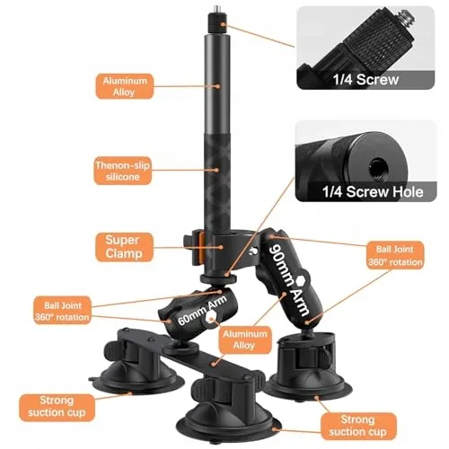 UNSTINCER Autohouder Selfiestick 118cm voor Insta360 GoPro Akaso — foto 5
