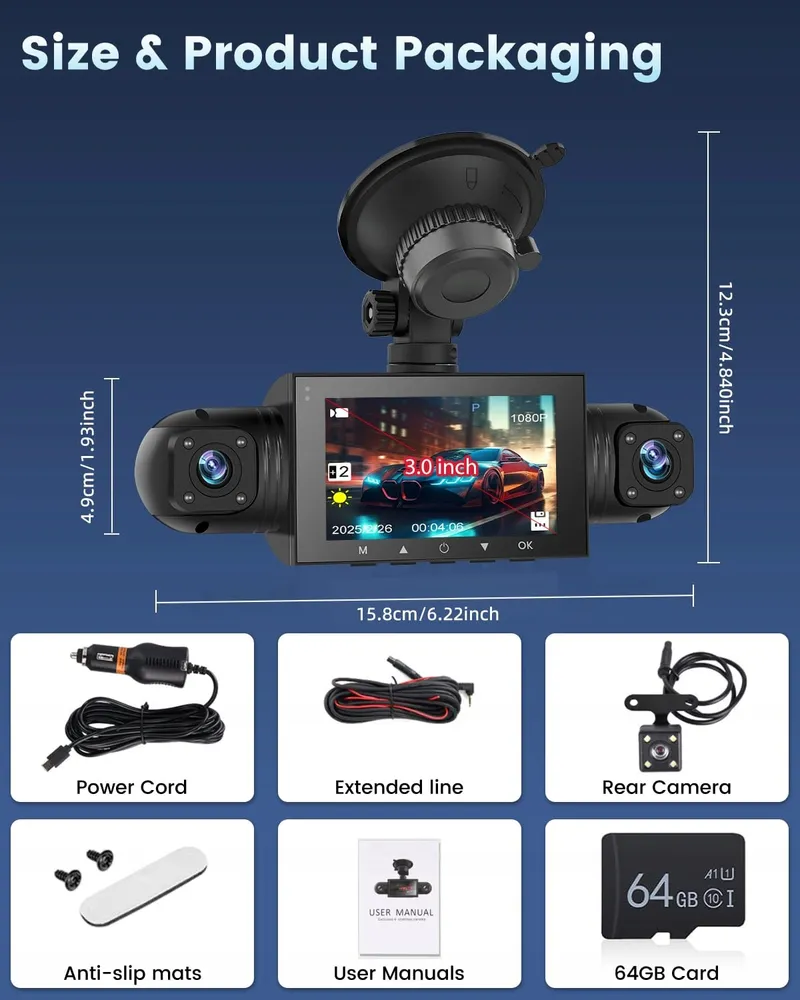 NHOPEEW Dashcam 4-Kanaals 1080P 360° 3" Scherm G-Sensor 64GB — foto 7