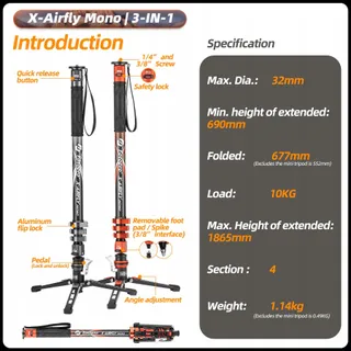 FOTOPRO X-Airfly Mono Carbon Statief 185cm 3-in-1 Reis — miniatuur 2