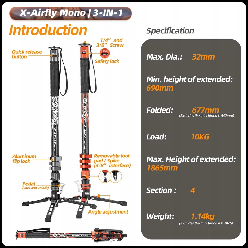 FOTOPRO X-Airfly Mono Carbon Statief 185cm 3-in-1 Reis — foto 2