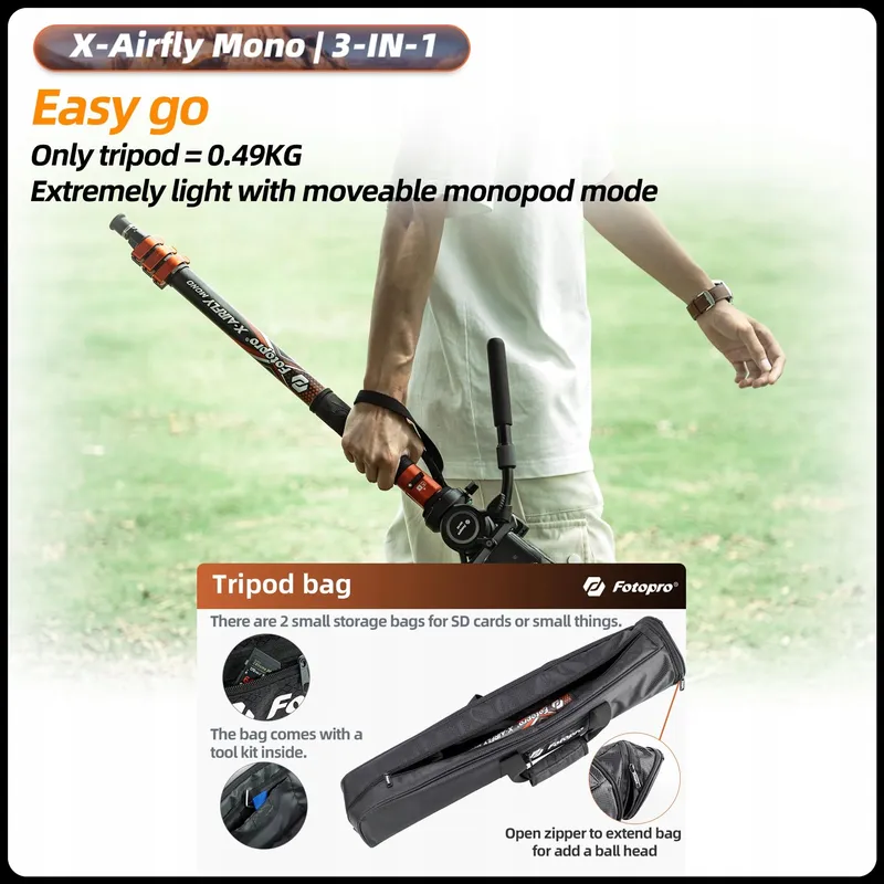 FOTOPRO X-Airfly Mono Carbon Statief 185cm 3-in-1 Reis — foto 7