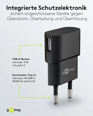 GOOBAY USB Thuislader 5W 1A Zwart voor Smartphones — miniatuur 4