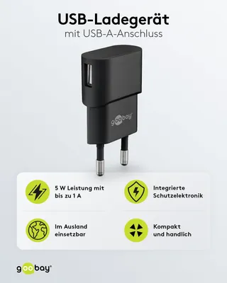 GOOBAY USB Thuislader 5W 1A Zwart voor Smartphones — miniatuur 2